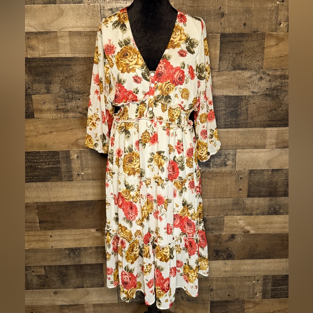 Kenedik Women's White Red Gold Floral Ruffled Dress Size Large L AB 534
